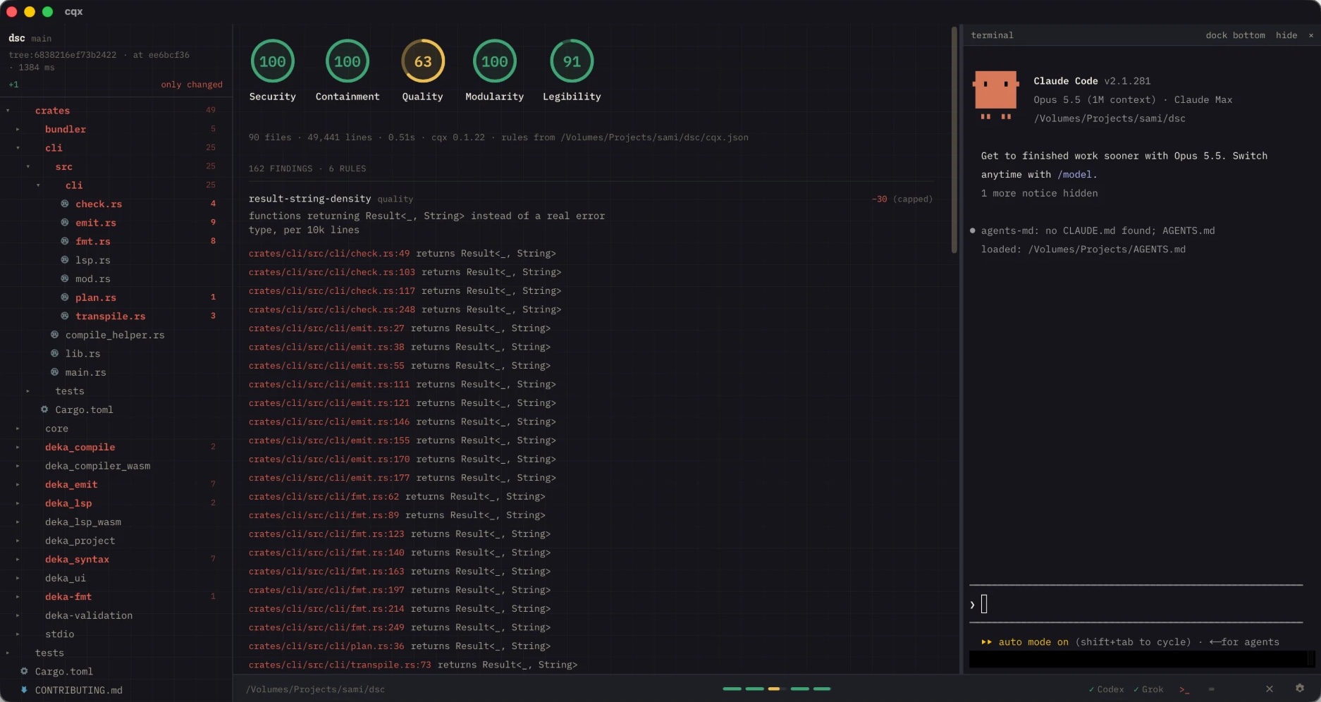 cqx open on a Rust repository: five score rings, a file tree with findings per file, a list of rule findings, and Claude Code running in the built-in terminal.